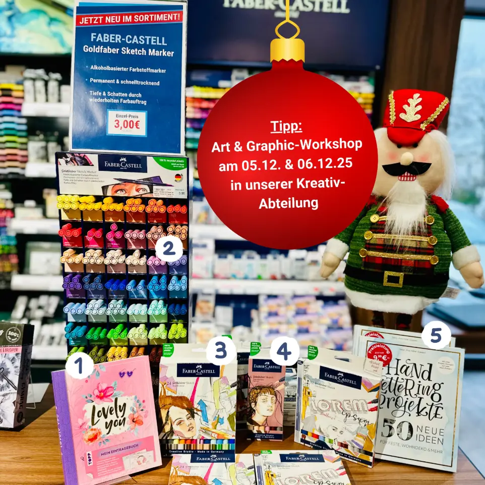 Artikel aus der Kreativ-Abteilung: Eintragebuch, diverse Stifte, Hand-Lettrering Buch