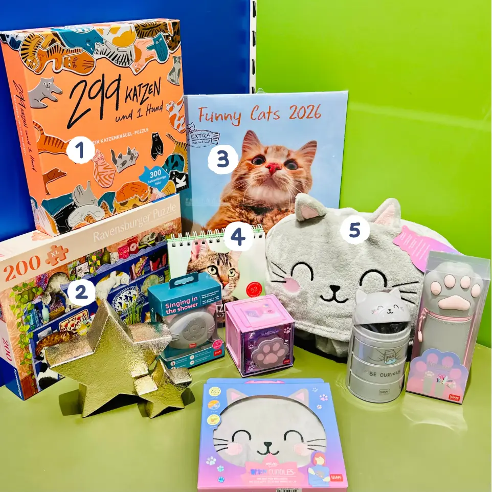 Präsentation mit Produkten, die Katzen zeigen